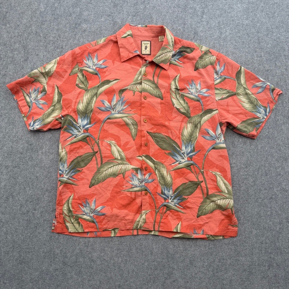 Jamaica Jaxx Men's XL Coral Red Floral 100% Silk Aloha Button-Up Shirt